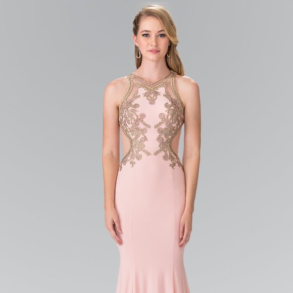 NEW LONG SLEEVELESS MERMAID EMBROIDERED RHINESTONES DRESS WITH SHEER BACK GL2321 - Picture 1 of 12